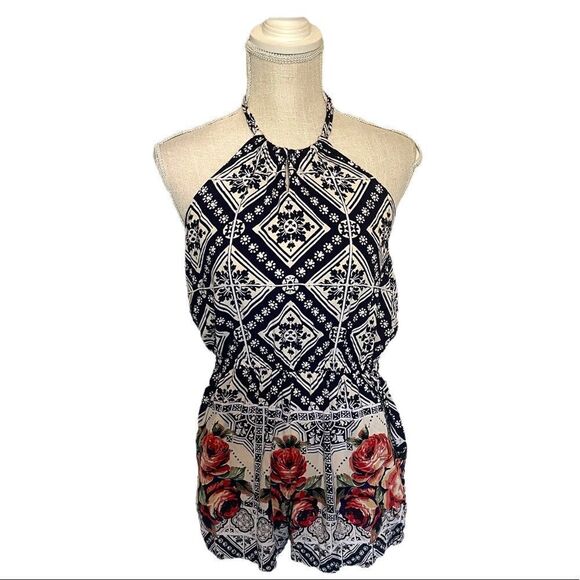 Angie Geometric & Floral Pattern Boho Romper Size Large - Picture 4 of 12